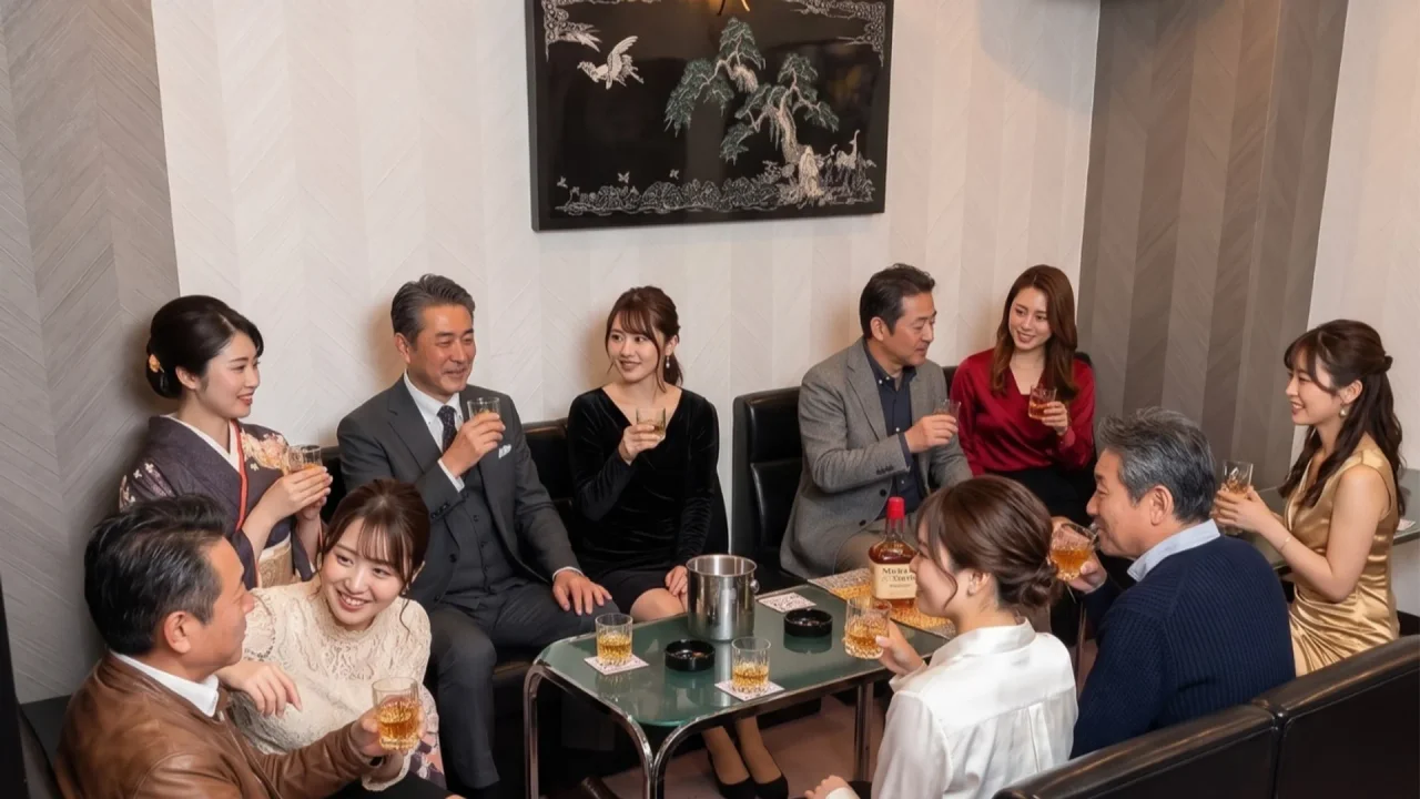 ラウンジ英の店内で大人数のグループが乾杯を楽しむ様子 — 阪神尼崎で甲子園帰りに立ち寄れるラウンジ【2026年夏】